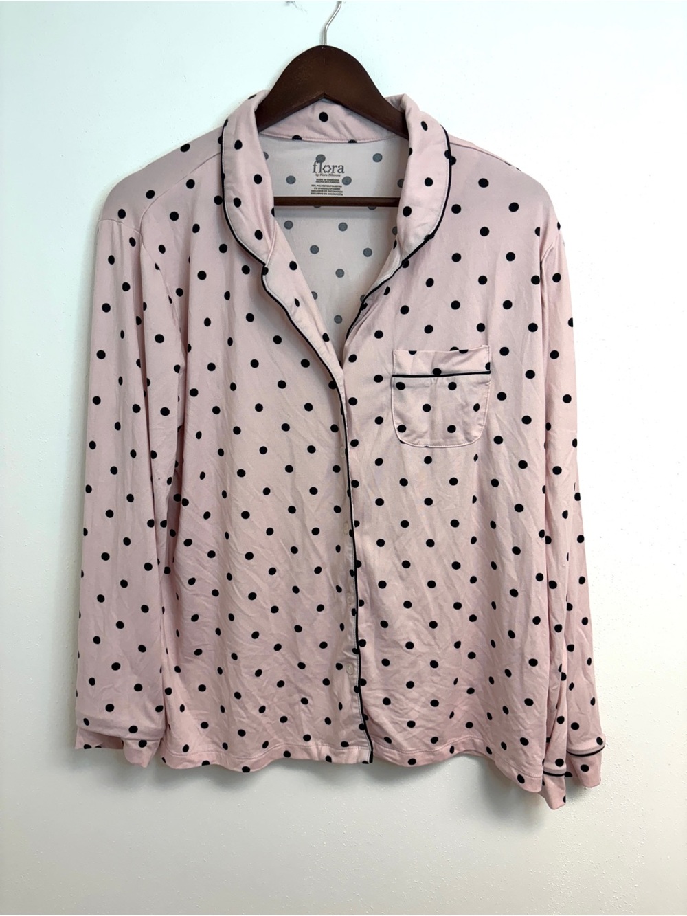 Flora Nikrooz Pink and Black Polka Dot Pajama Top Long Sleeve Button Down M